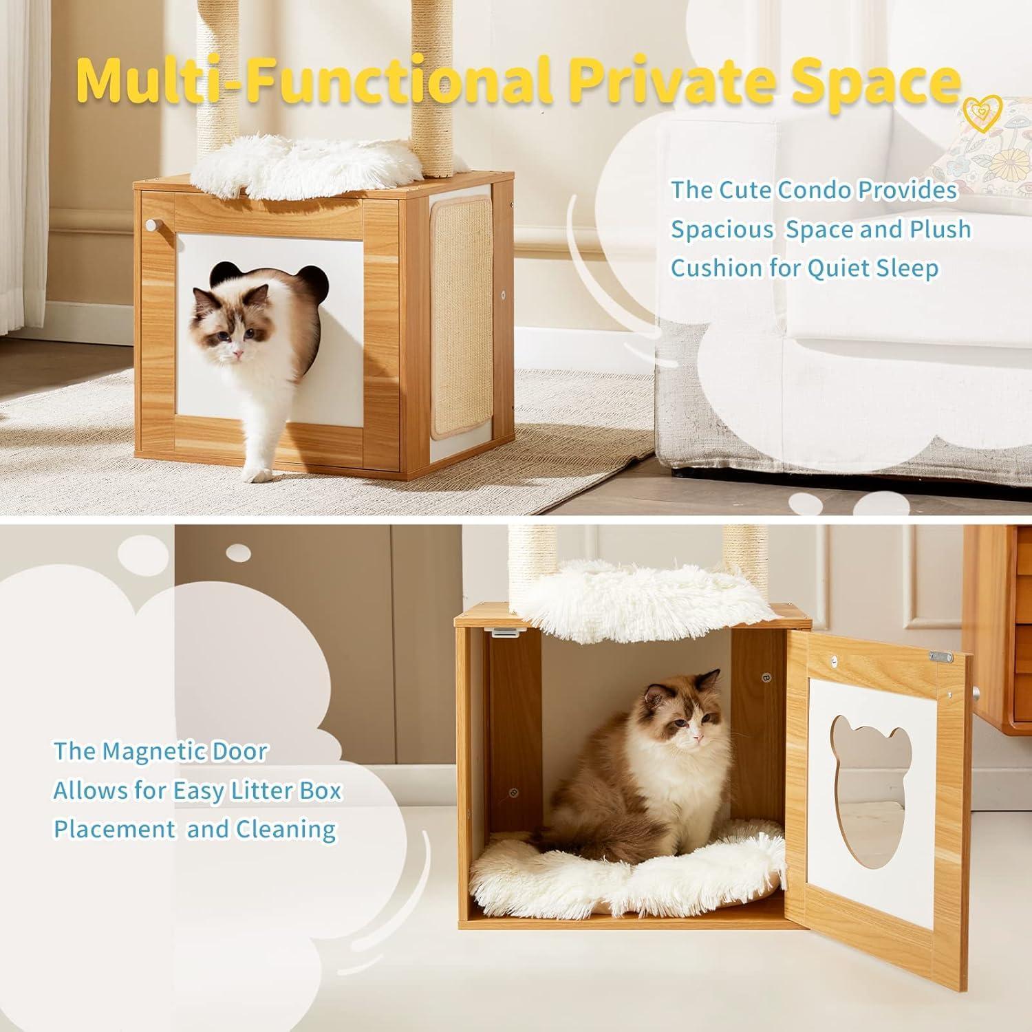 Solid Wood Cat Tree And Tower With Litter Box, Cat Scratching Board And Hammock For Indoor Large Cats - 5 - CJ