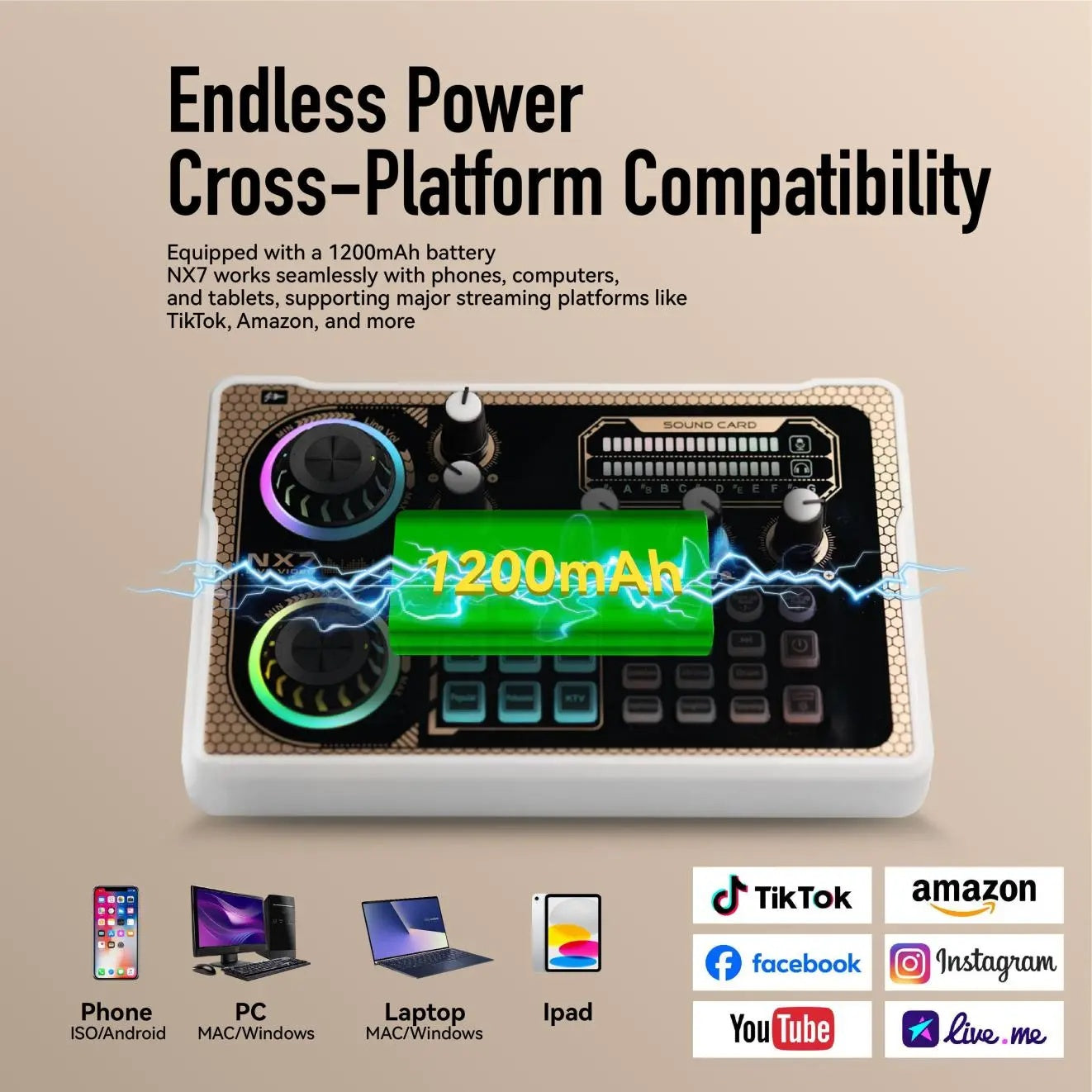 NX7 LED Karaoke Mixer - Stunning Lighting Effects, Backing Vocal Function, PC Microphone Kit, Dual Ports For Mobile Phones, Podcast Mixing Equipment For Any Age