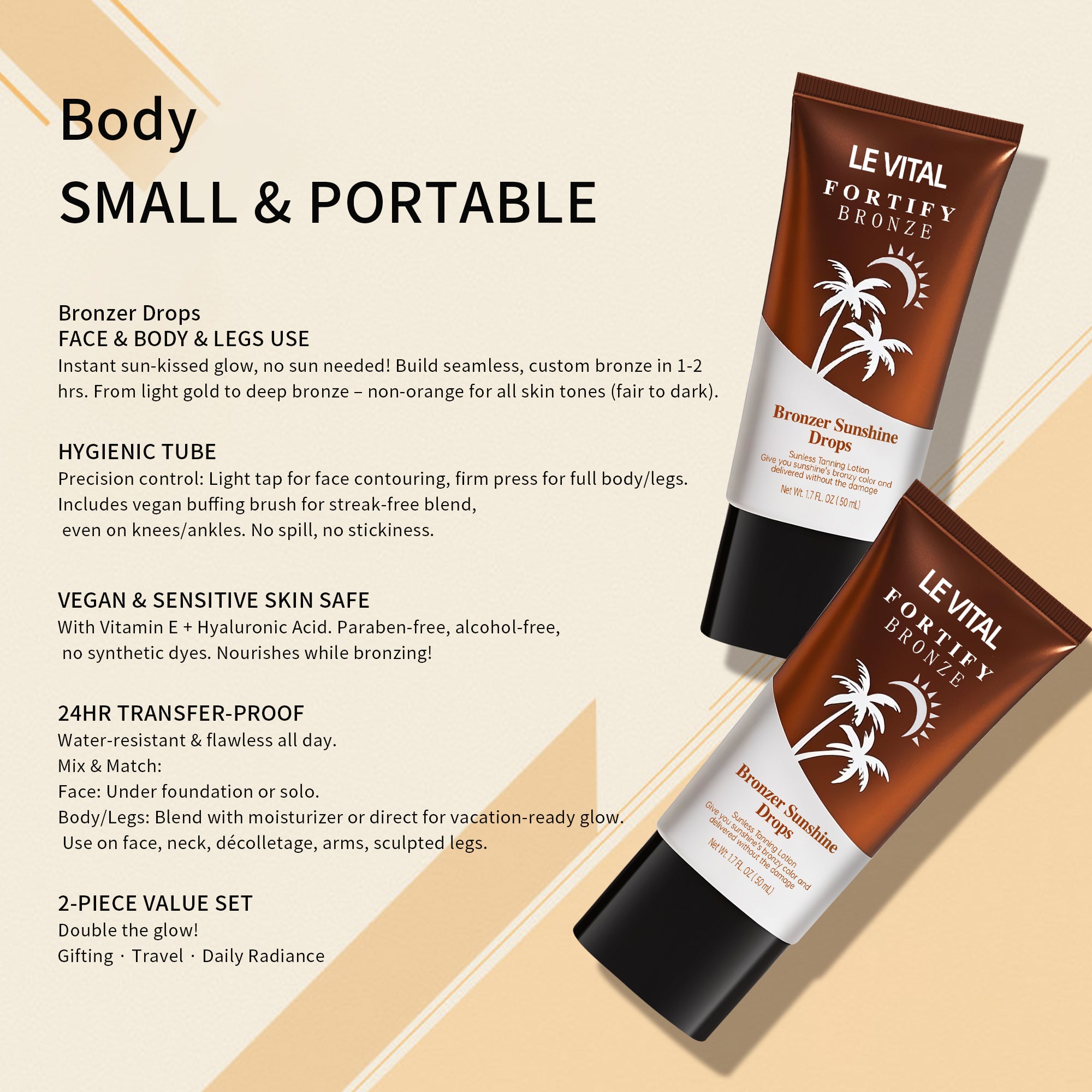 Bronzing Self - Tanner Lotion, Quick - Dry, Long - Lasting, Sunless Tanning For All Light Beige Tones, Vegan & Paraben - Free - 5 - CJ