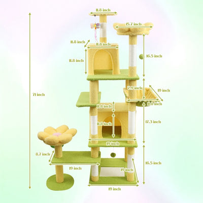 71 Inch Flower Cat Tree With Large Condo Removable Flower Cushion And Hammock Yellow - 5 - CJ