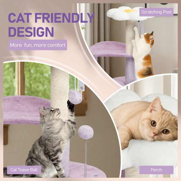 33in Cat Tree, Multi - level Cat Tower With Cat Scratching Post With Curved Perch, Cozy Cat Condo, Padded Top Bed For Kittens And Indoor Cats, Purple - 5 - CJ