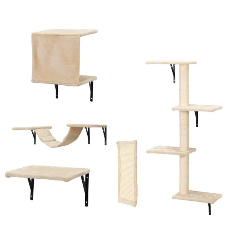 5 Pcs Wall Mounted Cat Climber Set  Floating Cat Shelves And Perches  Cat Activity Tree With Scratching Posts  Modern Cat Furniture - 5 - CJ