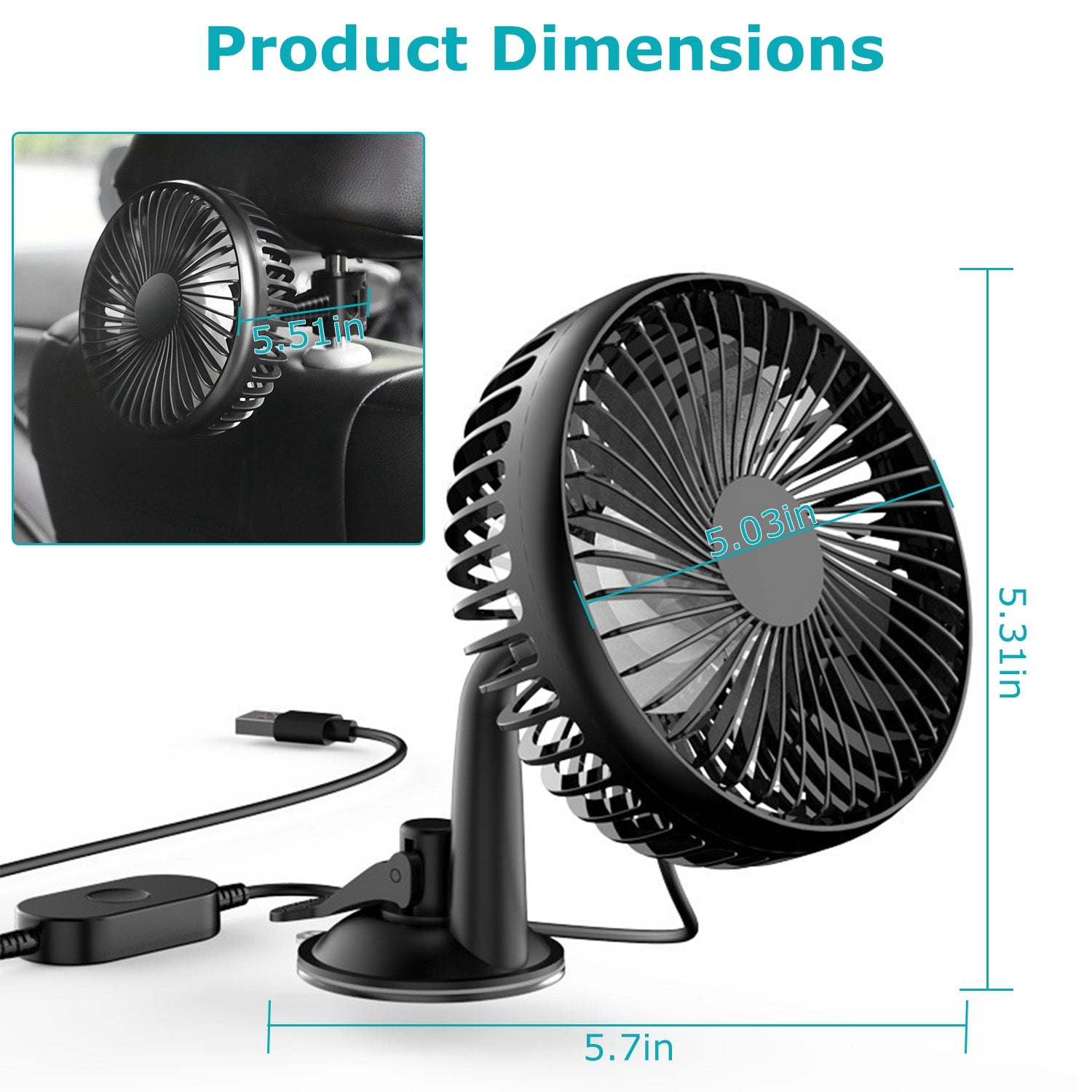 1Pc Car Cooling Fan Portable Rotatable USB Vehicle Fan Backseat Clip Fan Dashboard Window Suction Fan For SUV RV Pickup With 3 Speeds - 5 - CJ