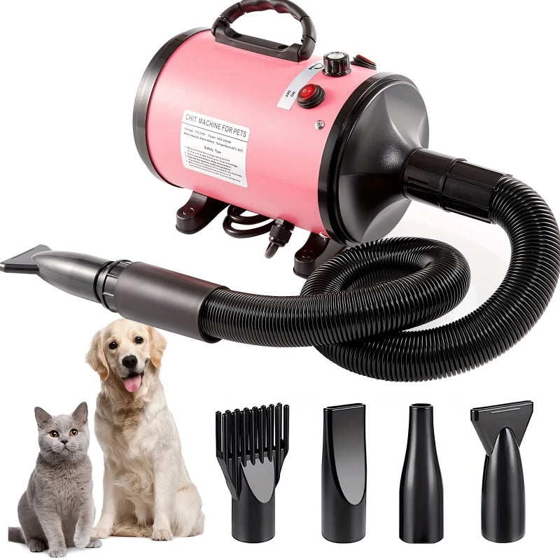 Professional-Grade Pet Grooming Blow Dryer With Adjustable Speed & Temperature, 4 Nozzles For Dogs&Cats, Quiet-Operation Heavy Duty Hair Dryer - Corded Electric Pink&bule