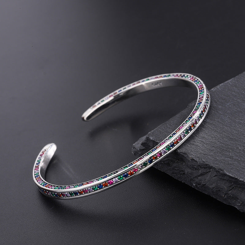 925 Sterling Silver Three Side Rainbow Zircon Bracelet Women Ins Small Minority Design Luxury High Sense Delicate Cool Wind - 4 - CJ