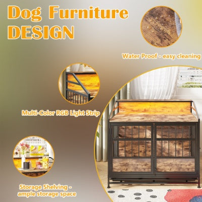 Multi - function Furniture Style Dog Crates With Storage, Dog Crate Furniture Large Wooden Dog Kennel With Double Doors, For Large Medium Dog Indoor, Brown - 5 - CJ