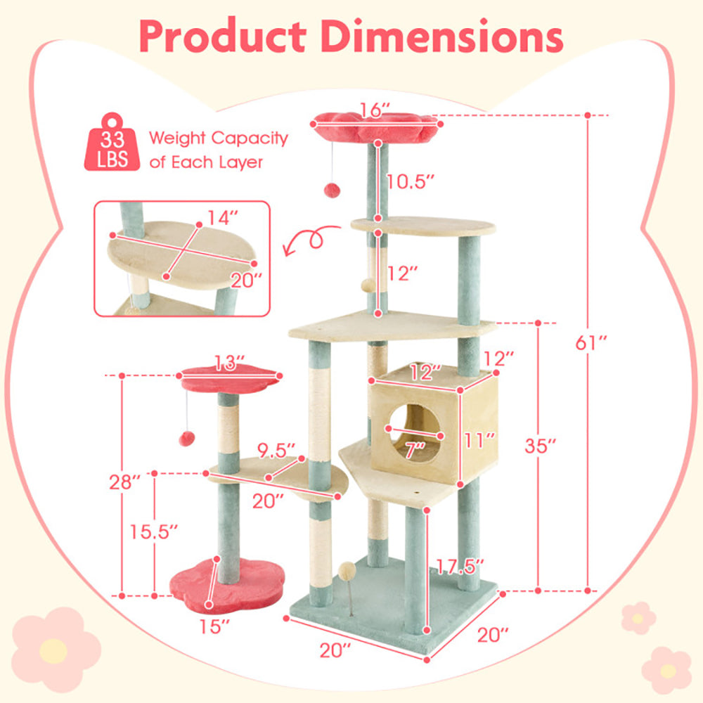 61 Inch Multi - Level Aesthetic Floral Kitten Tower With Flower - Shaped Padded Perch - 5 - cjdroshippping