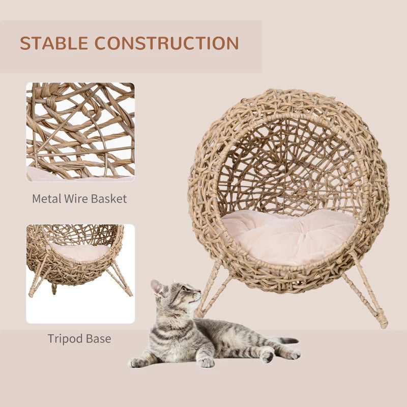 Weaved Cat Bed, Elevated Hand - woven Braided Banana Leaf Kitten House Condo With Cushion, Beige - 5 - CJ