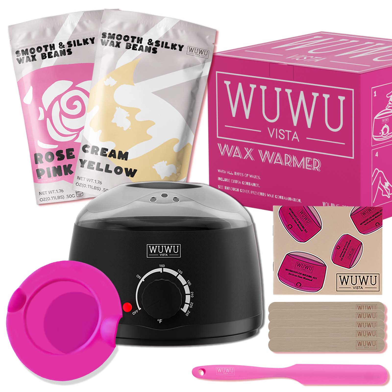 Waxing Kit 11 Items WUWUVISTA Hair Removal Wax Kit With Wax Melt Warmer Waxing Beads For Face,Brazilian,Full Body,Bikini,Sensitiive Skin Suitable For Plugs Of American, European Specification - 5.0 - CJ