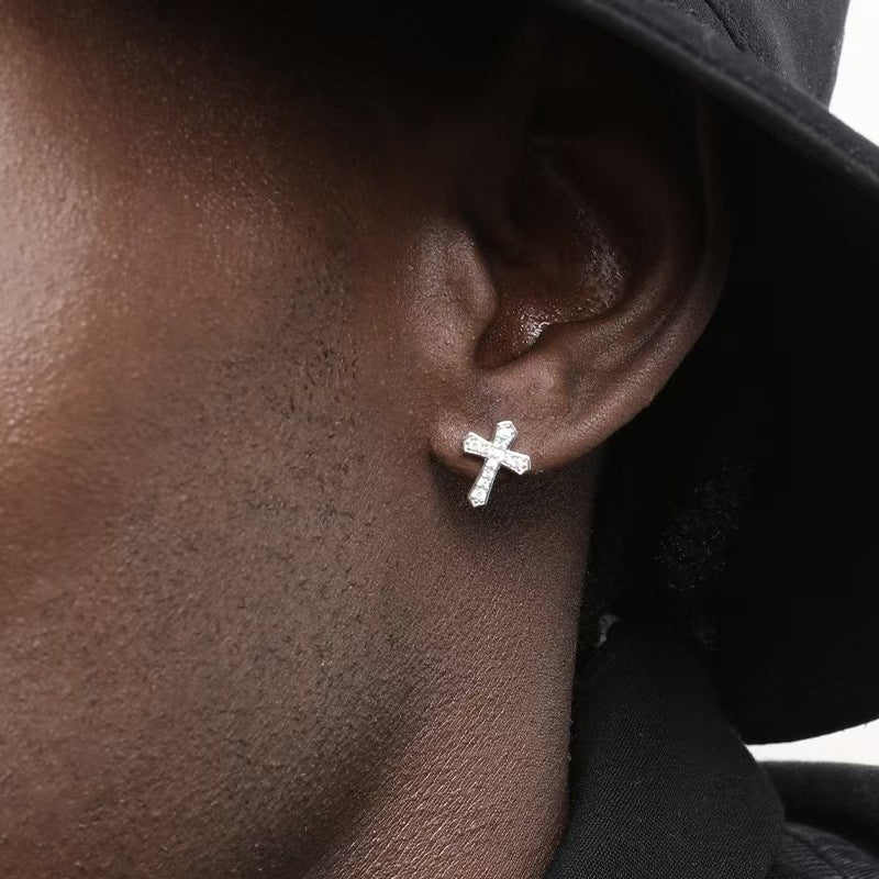 1 Pair Korean Trendy Zircon Cross Stud Earrings,Sparkling, Unisex.Hip Hop Piercing Jewelry - 5 - CJ