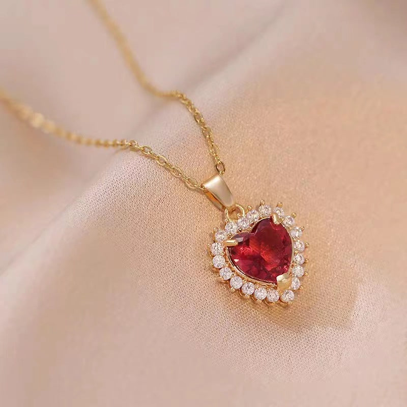 Fashion Micro - inlaid Pendant Ruby Heart Necklace - 0 - CJ