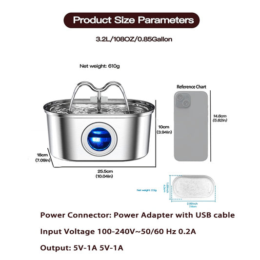 3.2L Cowhorn Model Pet Water Dispenser - Stainless Steel Automatic Water Fountain With 4 Replaceable Filters - 5 - CJ