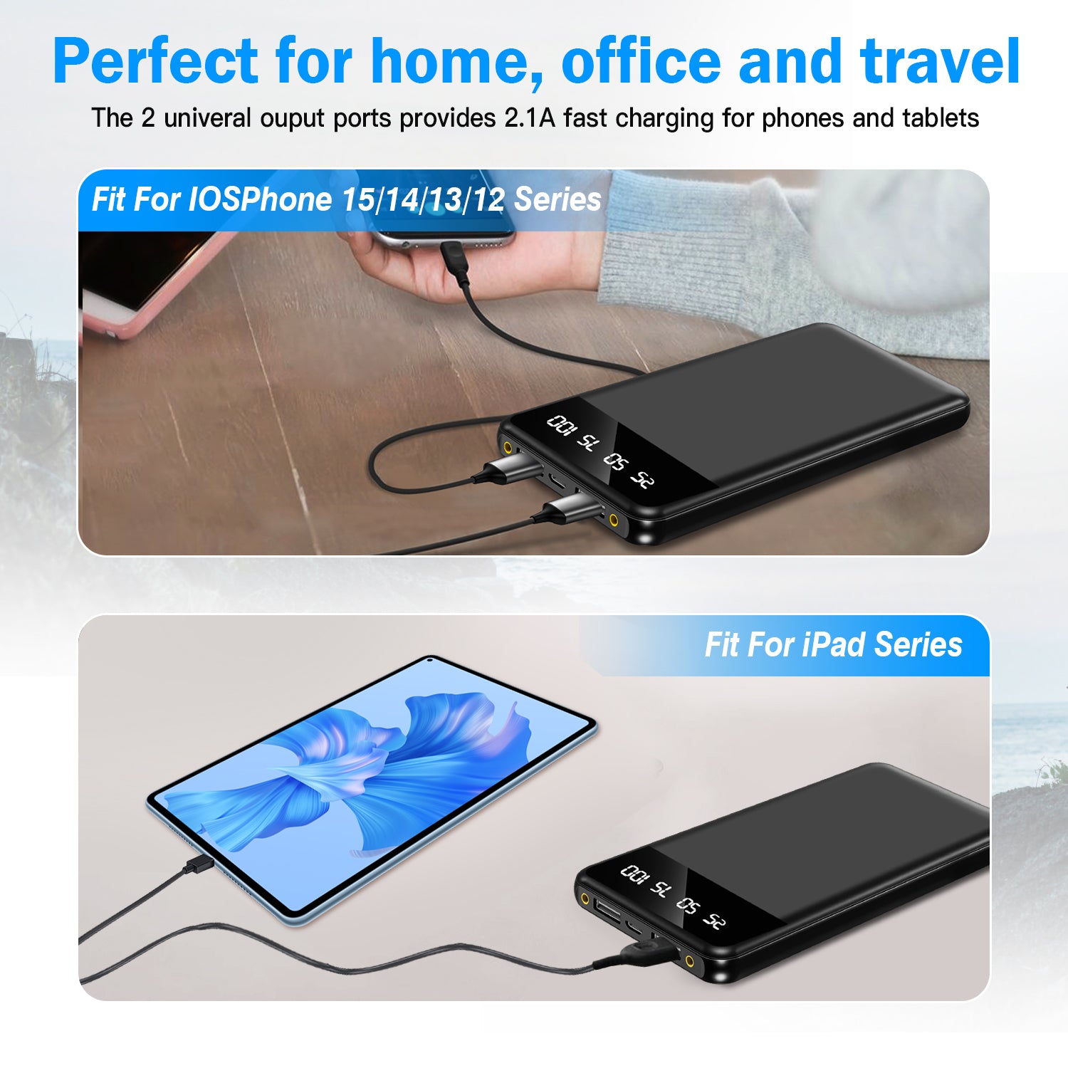 1Pc 10000mAh Power Bank Portable Ultra Slim Charger External Battery Pack With 2 USB Output Ports Charging Cable LED Flashlight Compatible With IOSPhone 15 And More - 5 - CJ