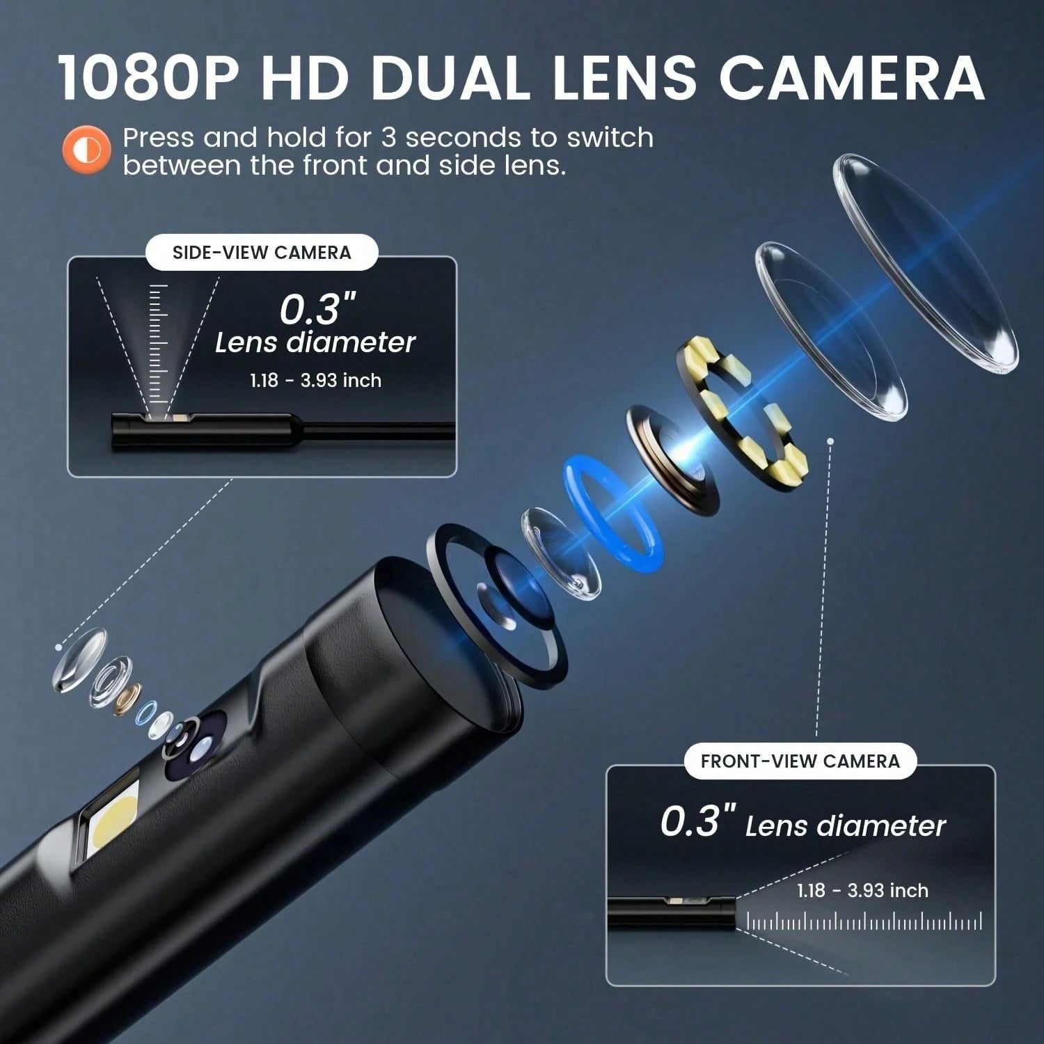 4.3 Inch Dual Lenses Endoscope Camera With Light, With 32GB Memory Card - Waterproof Borescope Camera With 8 Adjustable LED Lights,  LCD Screen, HD 1080P Inspection Camera, 5M Semi - Rigid Cord For Vehic - 5 - CJ