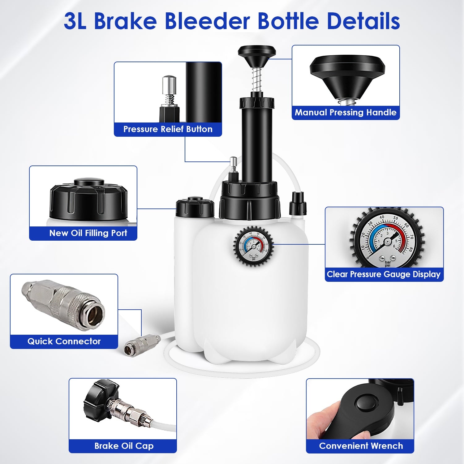 1 Set 3L Manual Brake Bleeder Kit One Person Brake Bleed Vacuum Pump Automotive Brake Fluid Bleeding Kit With 1L Waste Oil Bottle 4 Master Cylinder Adapters Gloves Funnel Fit For Most Vehicles
