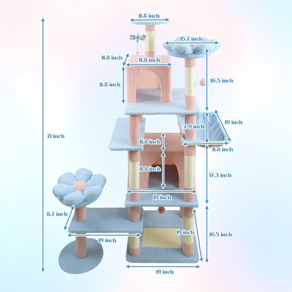 71 Inch Flower Cat Tree With Large Condo Removable Flower Cushion And Hammock Blue - 5 - CJ