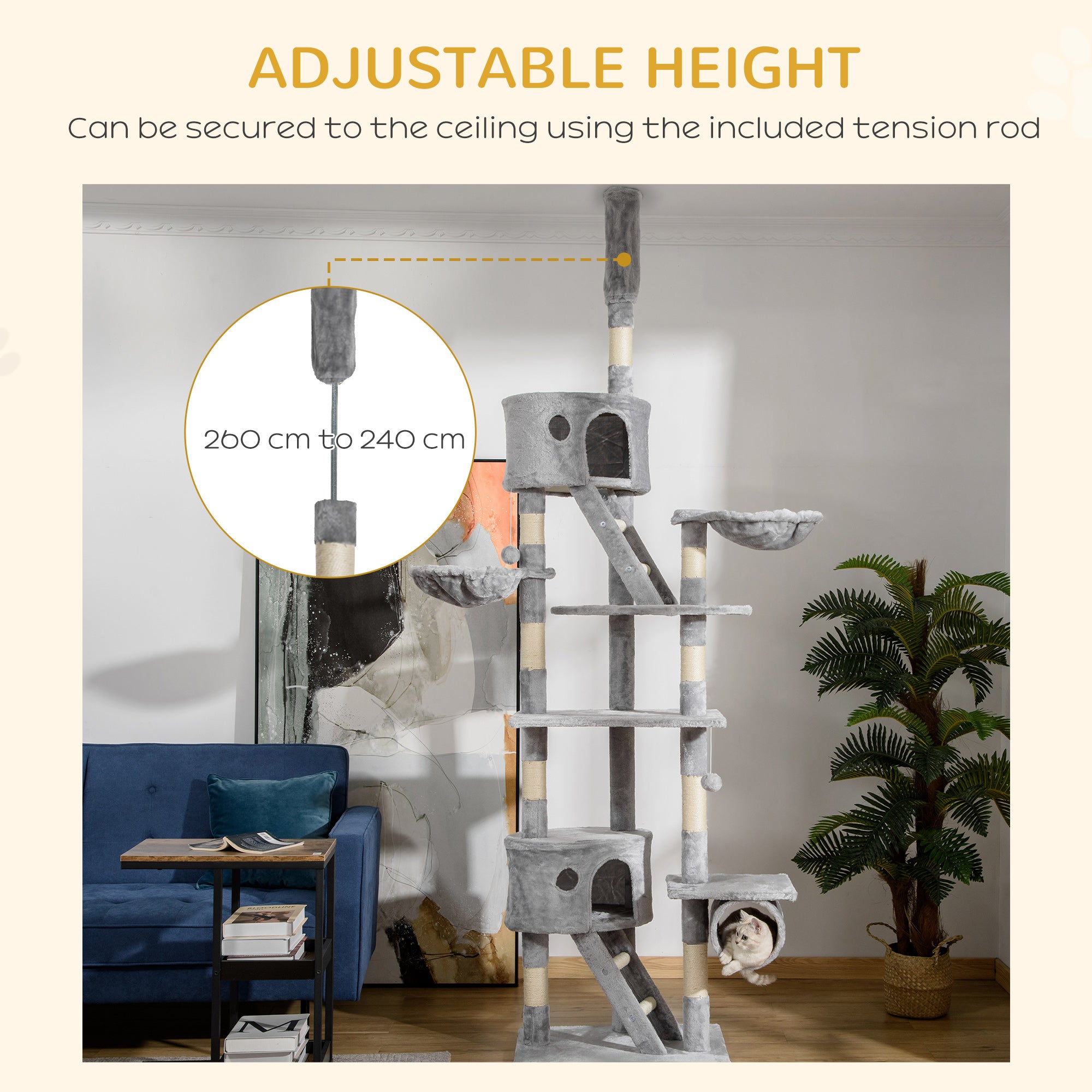 Floor Standing Cat Tree 94.5 - 10.25 Inch Height Adjustable Cat Climbing Tower, Apartment Hammock - 5 - cjdroshippping