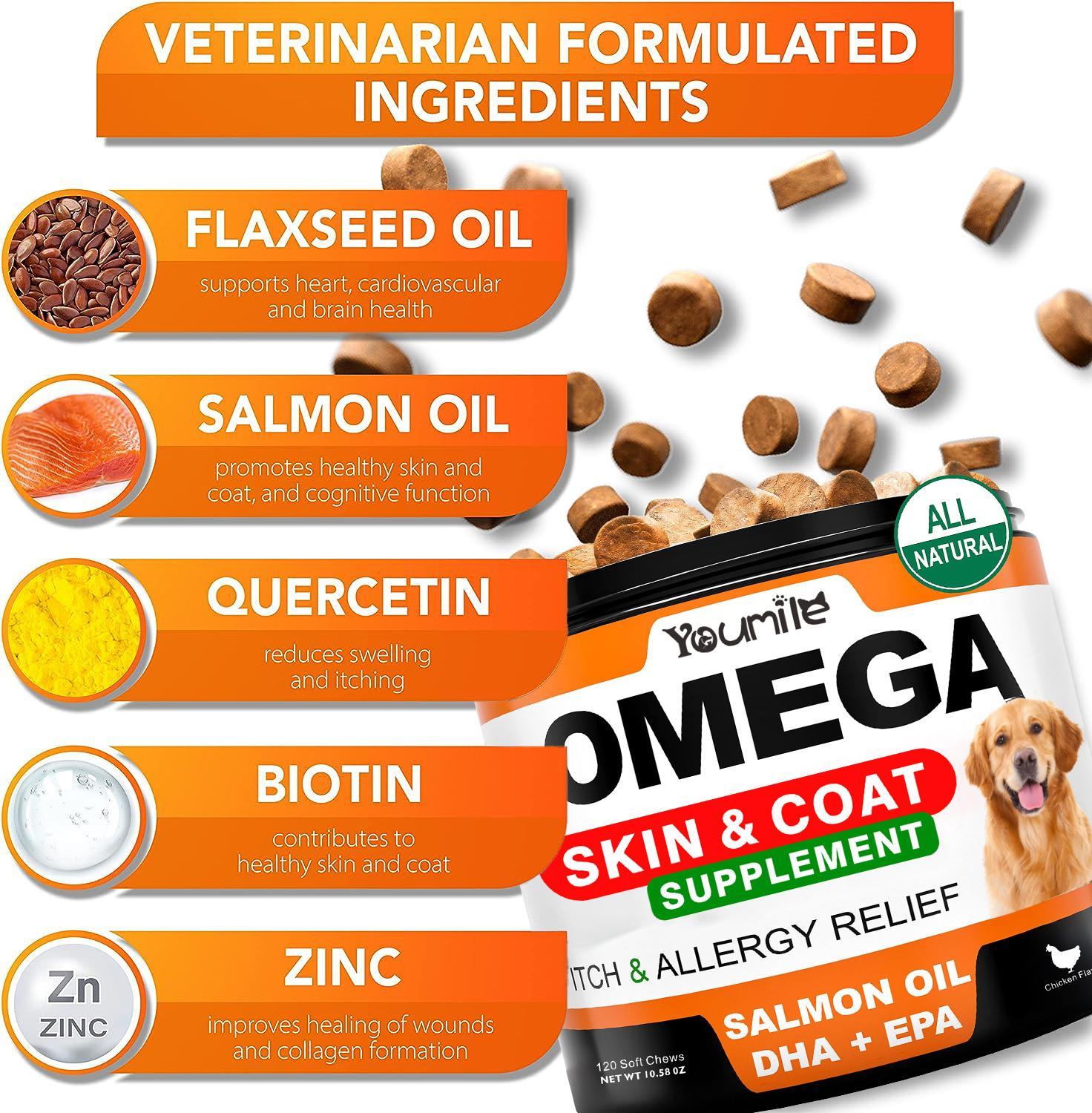 Youmile Omega 3 For Dogs - 120Ct  Fish Oil Treats - Allergy & Itch Relief Skin & Coat Supplement - Dry Itchy Skin, Anti Shedding & Hot Spots Treatment - Pet Salmon Oil Chews - Chicken Flavor Dog  Vit - 5 - CJ