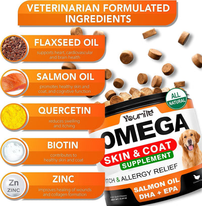 Youmile Omega 3 For Dogs - 120Ct  Fish Oil Treats - Allergy & Itch Relief Skin & Coat Supplement - Dry Itchy Skin, Anti Shedding & Hot Spots Treatment - Pet Salmon Oil Chews - Chicken Flavor Dog  Vit - 5 - CJ