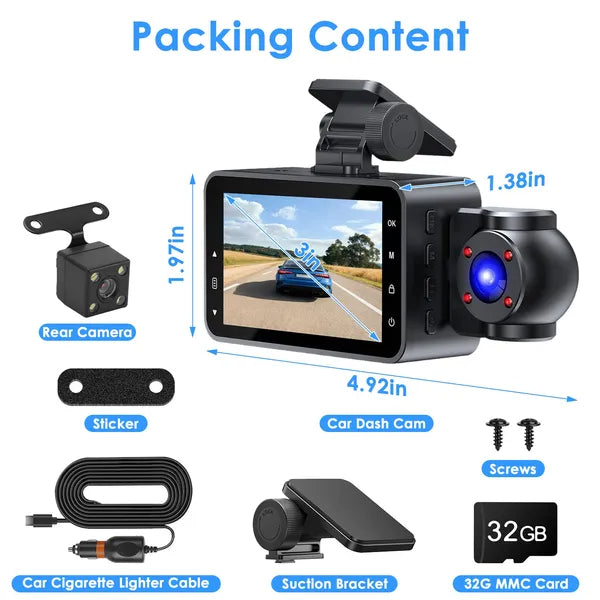 WiFi FHD 1080P 3 Channel Car Dash Cam Front Rear Inside With 32G MMC Card Motion Detection Loop Recording Infrared Night Vision Surveillance Car Camera With App Control