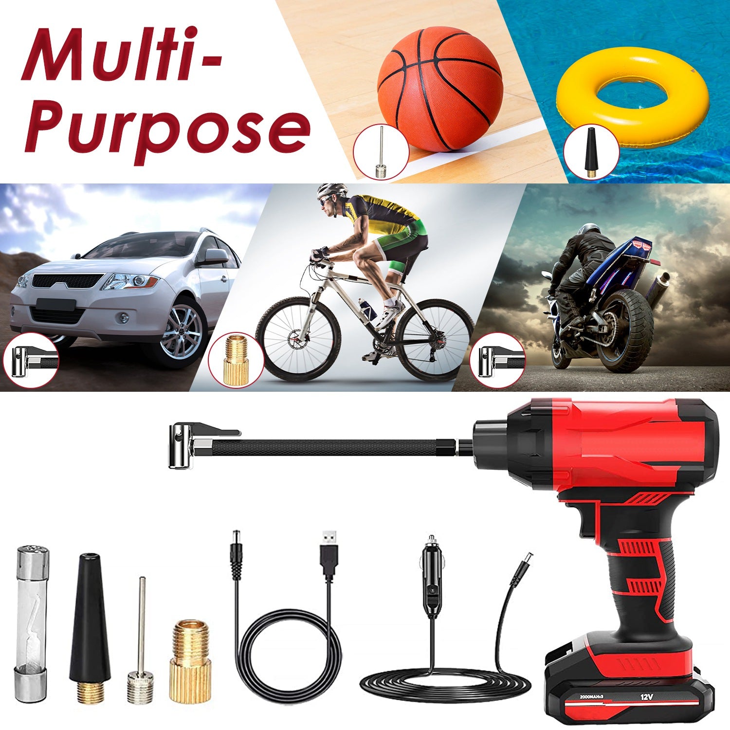 1Pc 150PSI Cordless Car Tire Inflator Rechargeable  2V Portable Electric Air Compressor With LED Light For Car Bike Motorcycle Ball - 5 - CJ