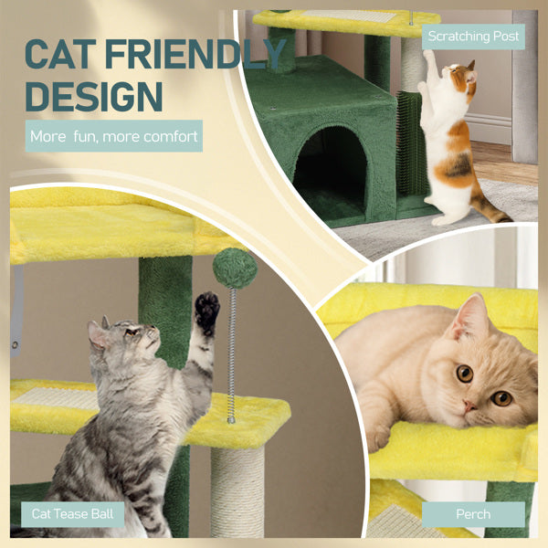 27.5in Cat Tree, Multi - level Cat Tower With Cat Scratching Post And Pad, Cozy Cat Condo, Padded Top Bed For Kittens And Indoor Cats, Yellow & Green - 5 - CJ