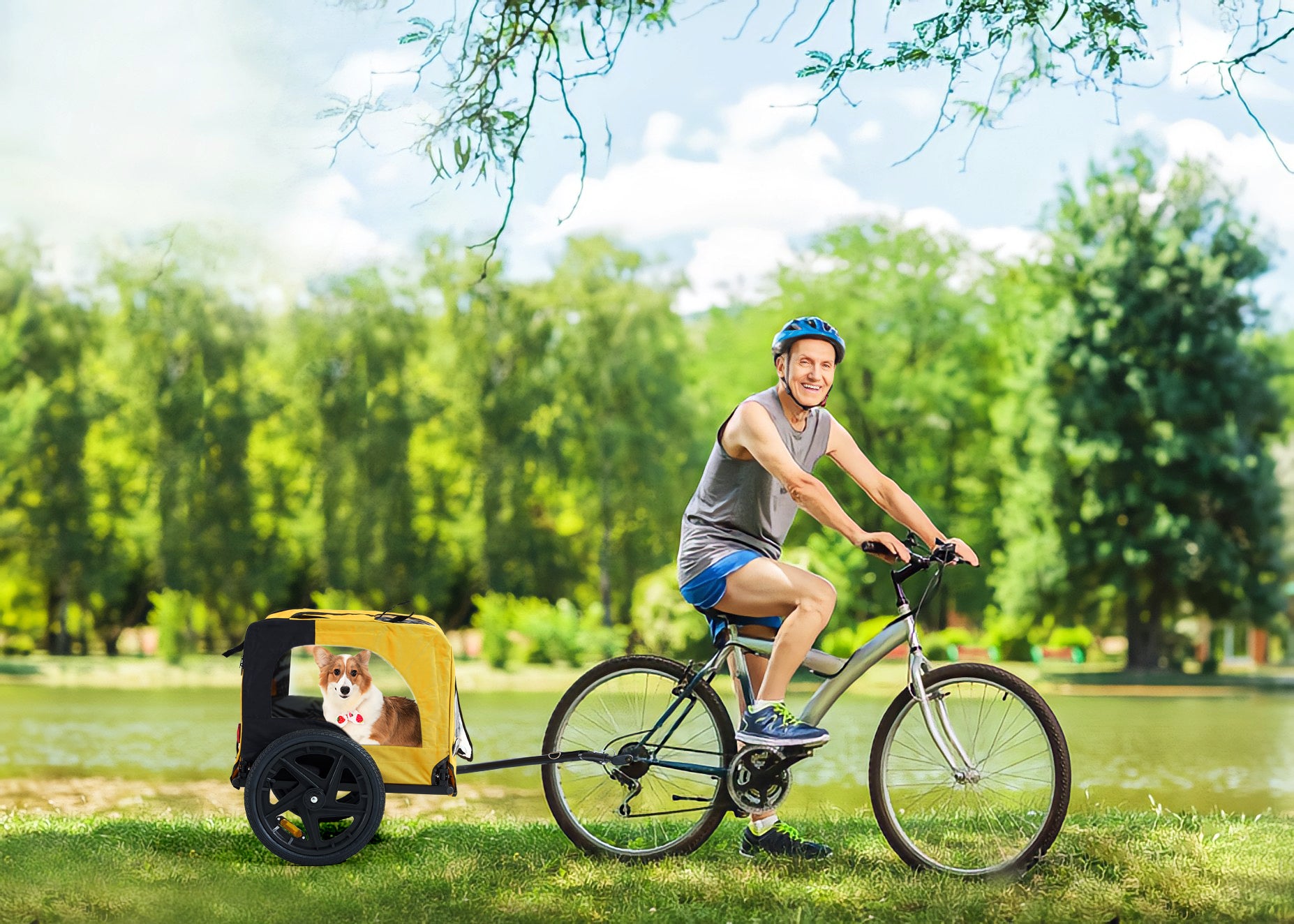 Yellow Outdoor Heavy Duty Foldable Practical Pet Stroller Dog Carrier With Bicycle Tow - 5 - CJ