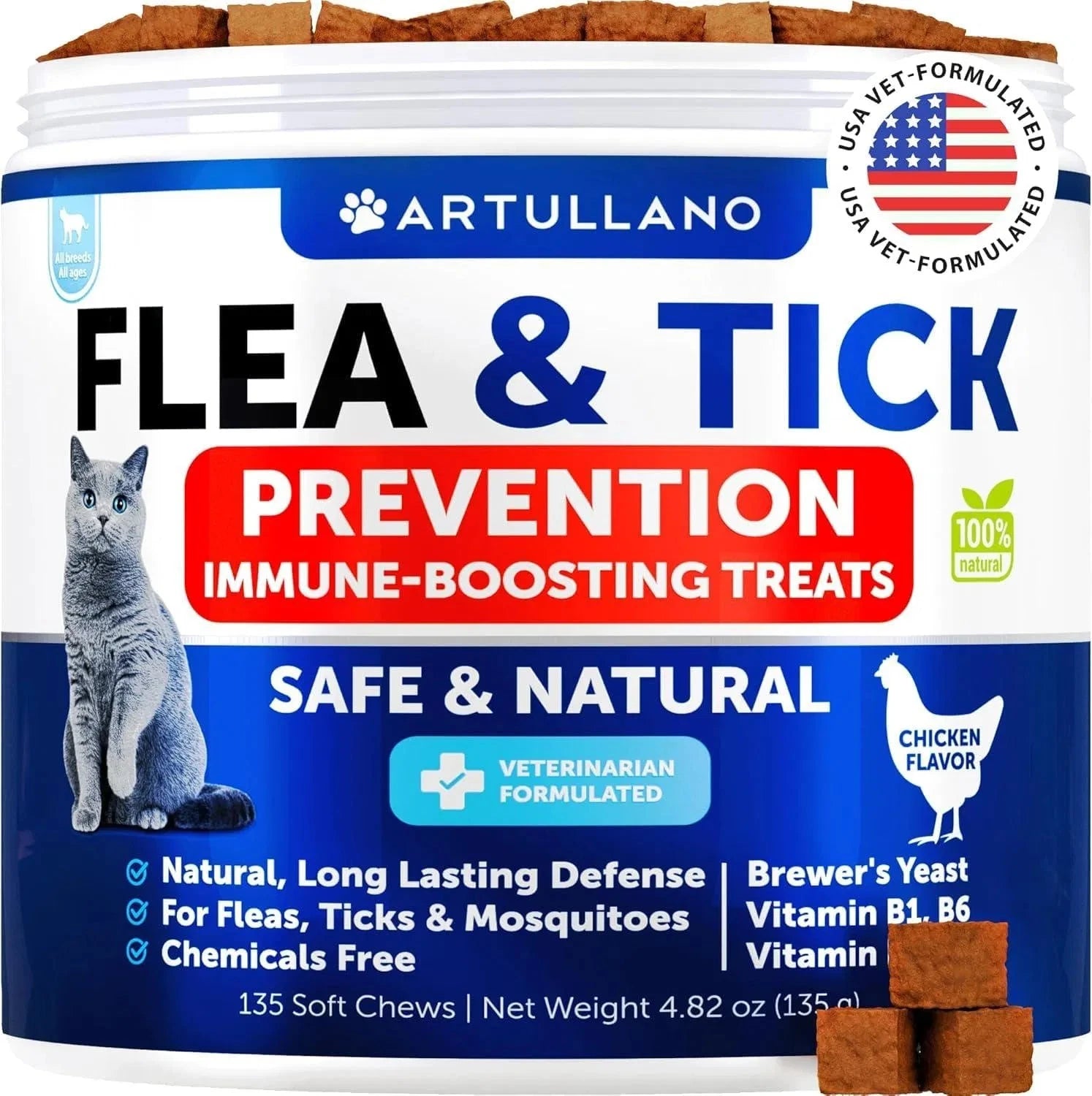 Flea Treatment For Cats Natural Flea And Tick Prevention Supplement For Cats Kittens Chewable Daily Oral Pills With Vitamins 135 Soft Chews Skin & Coat Dental Treats Digestion by CJ