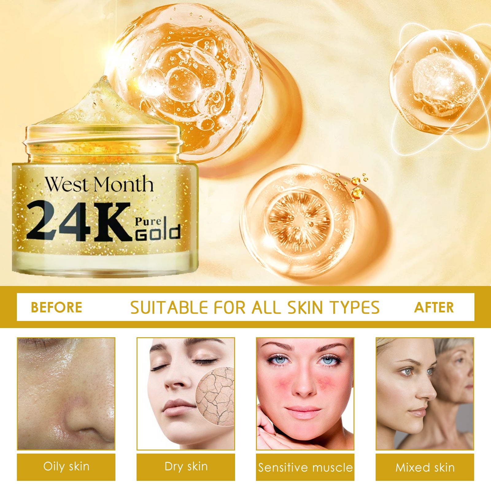 West Month 24k Pure Gold Collagen Face Cream, Lighten Lines Brighten Skin, Firm And Anti - wrinkle Cream - 5 - CJ
