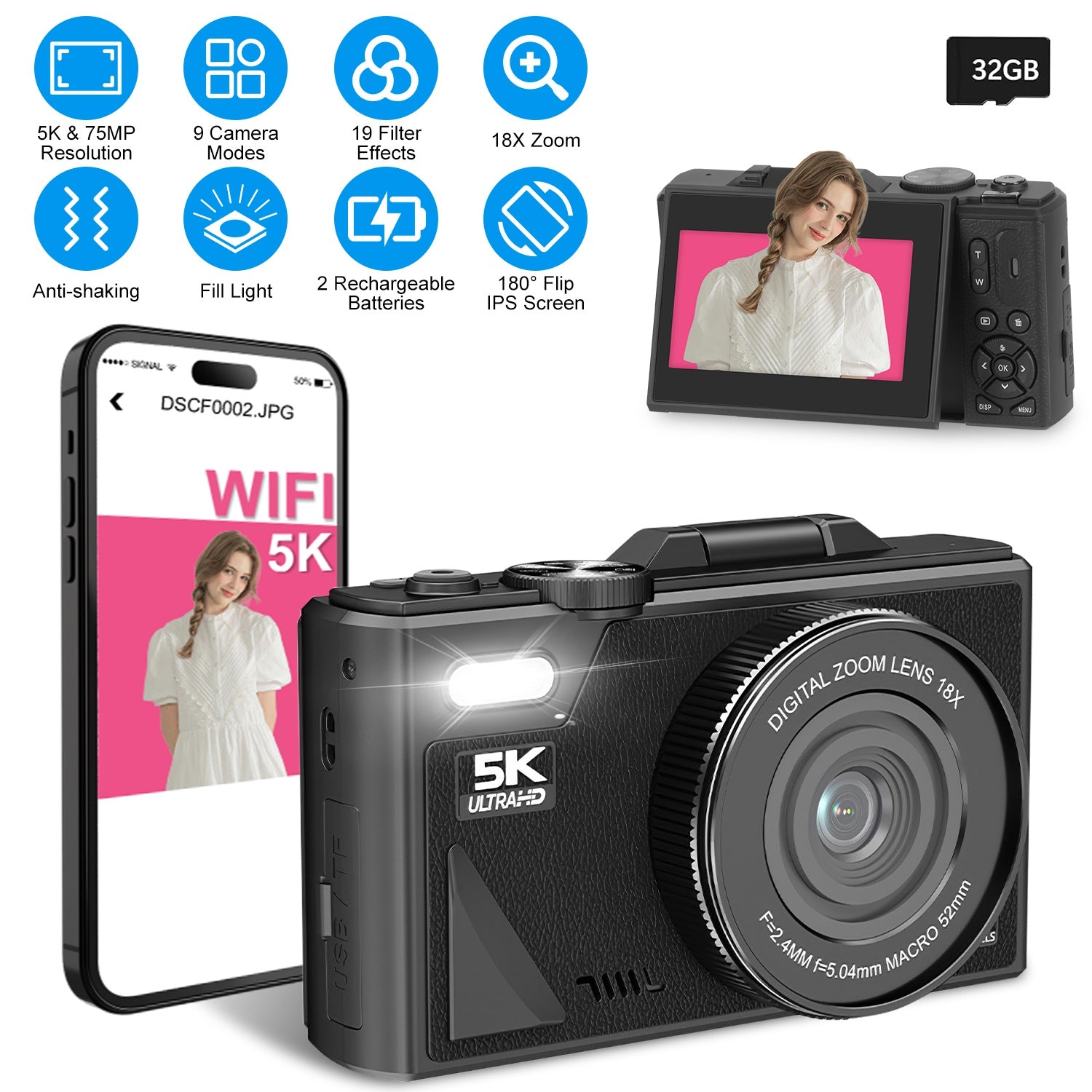 1Pc 5K 75MP Digital Camera For Photography Anti Shake WiFi Vlogging Video Camera With 9 Shooting Modes 18X Zoom Fill Light Webcam Function 2 Batteries 32G MMC Card 180Degree Flip IPS Screen - 5 - CJ