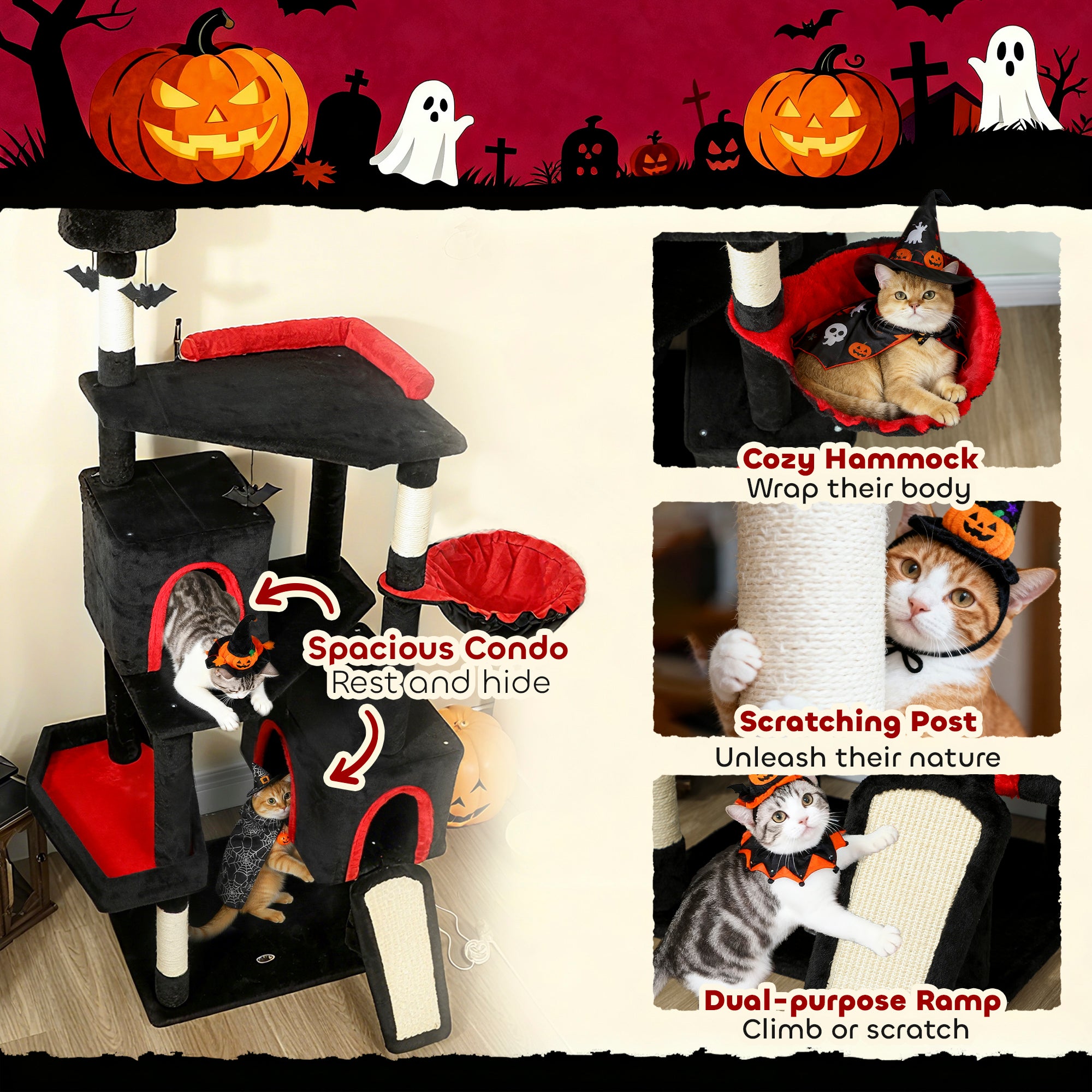 78" Gothic Cat Tree, Cat Tower with Coffin Bed, 2 Spacious Condos, Sisal Scratching Posts, Bat Hanging Balls, Halloween - 5 - CJ