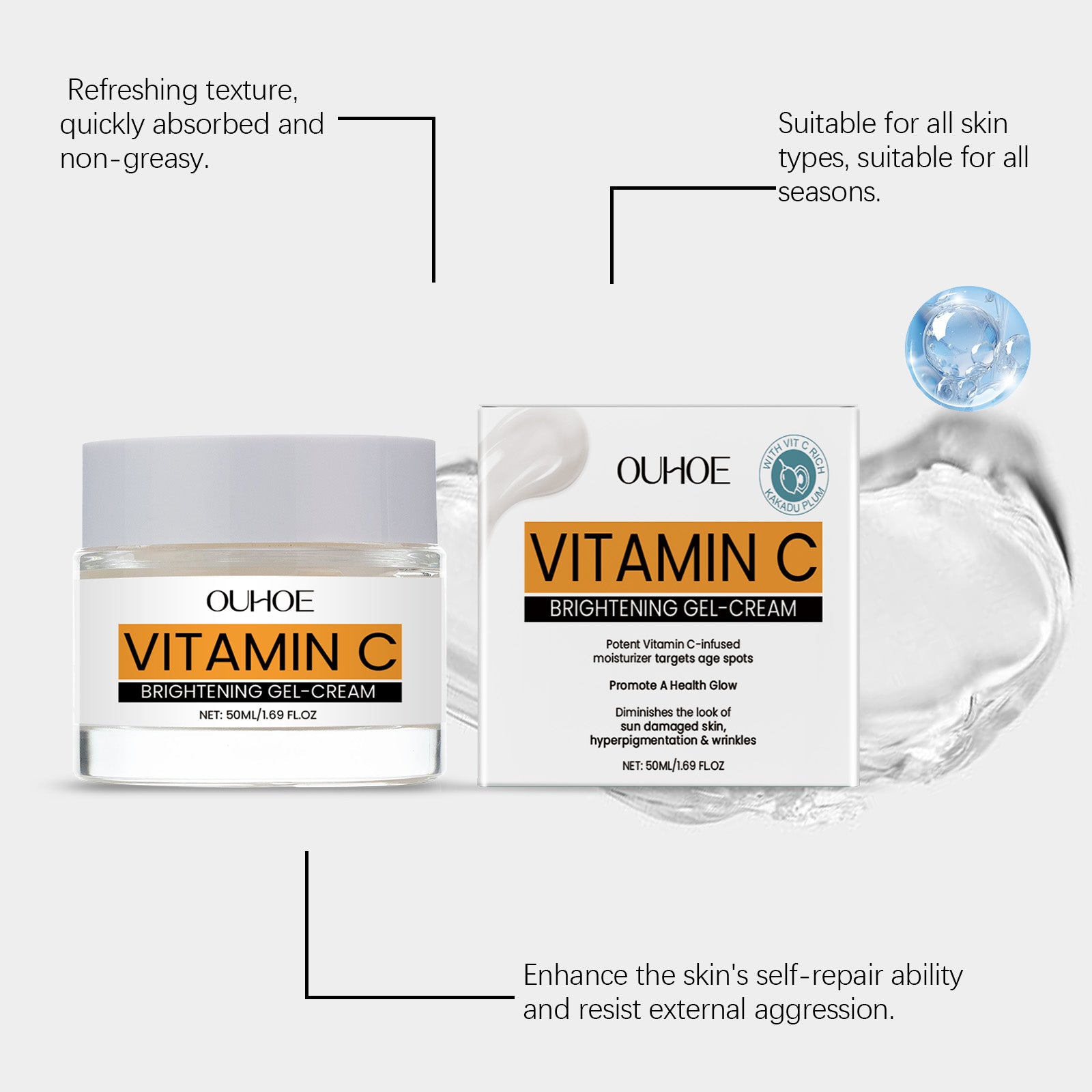 OUHOE Vitamin C Facial Gel Cream, Gentle Nourishing, Brightening, Moisturizing, Hydrating And Light Line Moisturizing Skin Cream - 5 - CJ