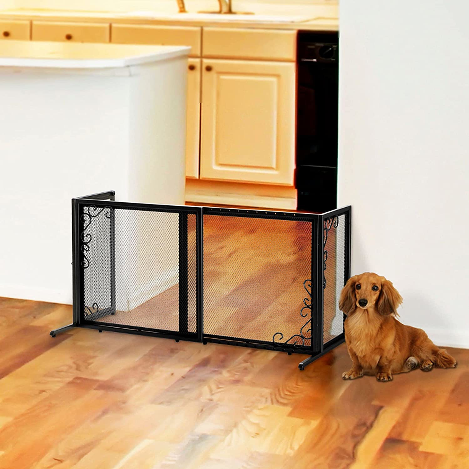 Small Freestanding Metal Mesh Pet Gate in Black