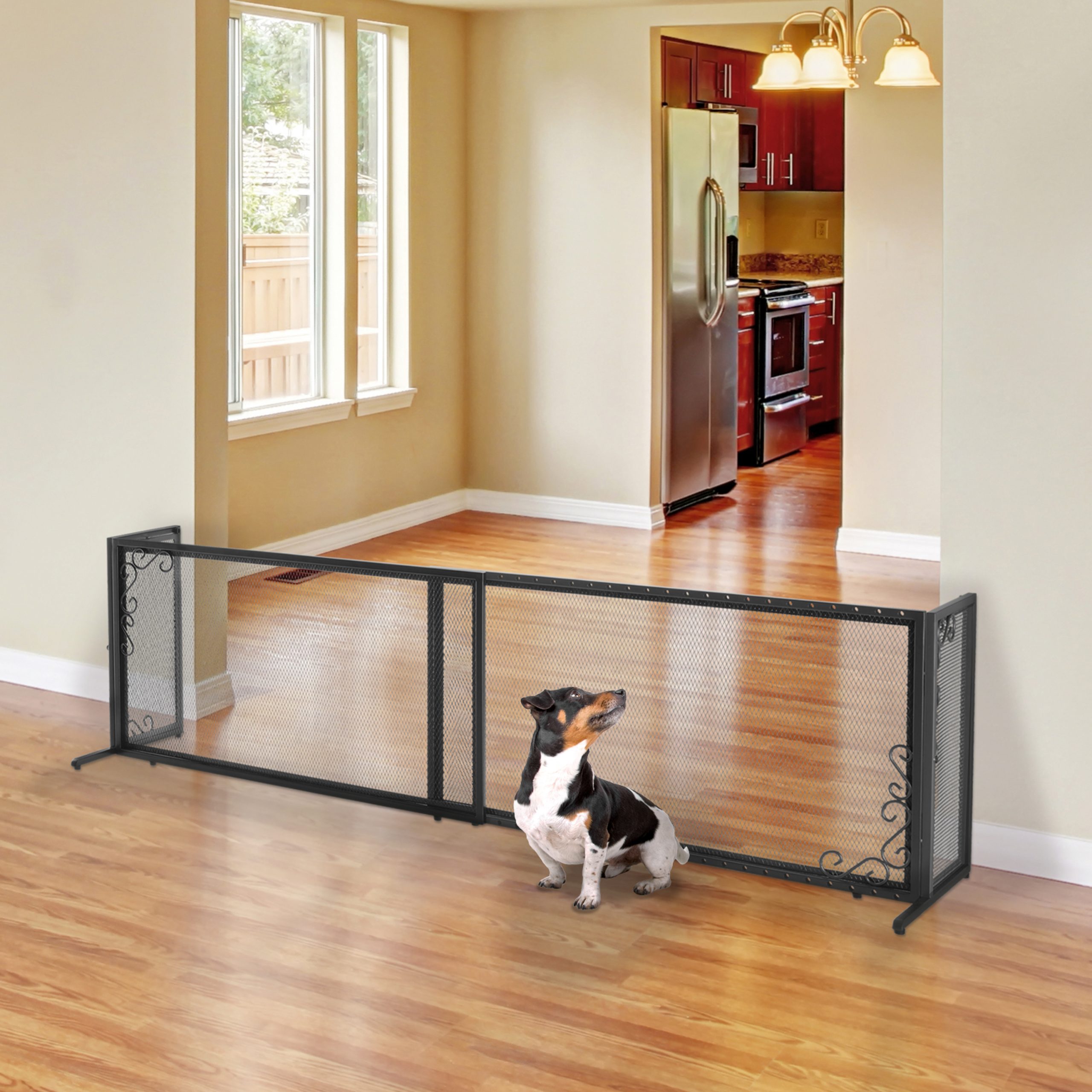 Large Freestanding Metal Mesh Pet Gate in Antique Bronze