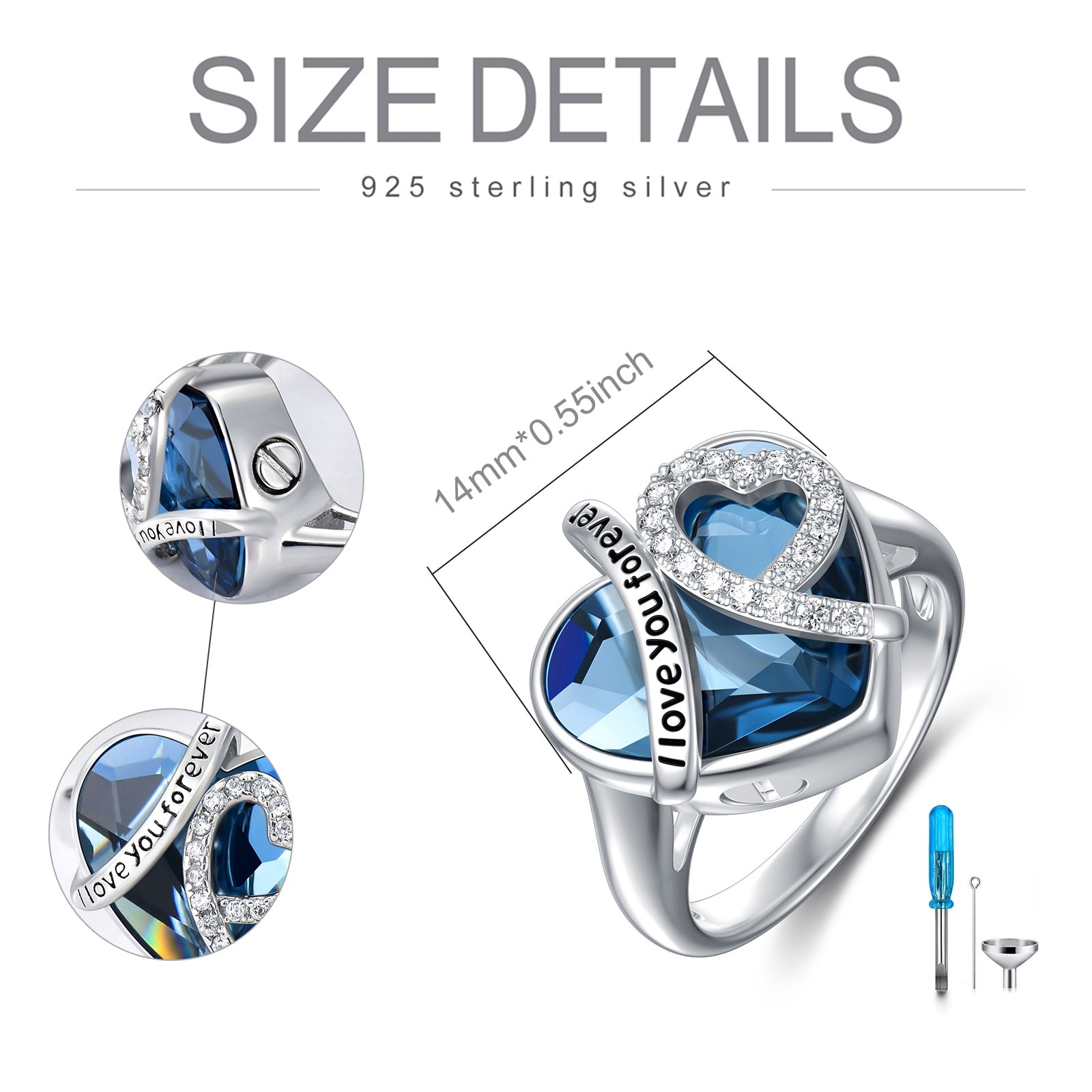 Heart Cremation Urn Ring with Crystal from Austria in White Gold Plated Sterling Silver - 5 - cjdropshipping