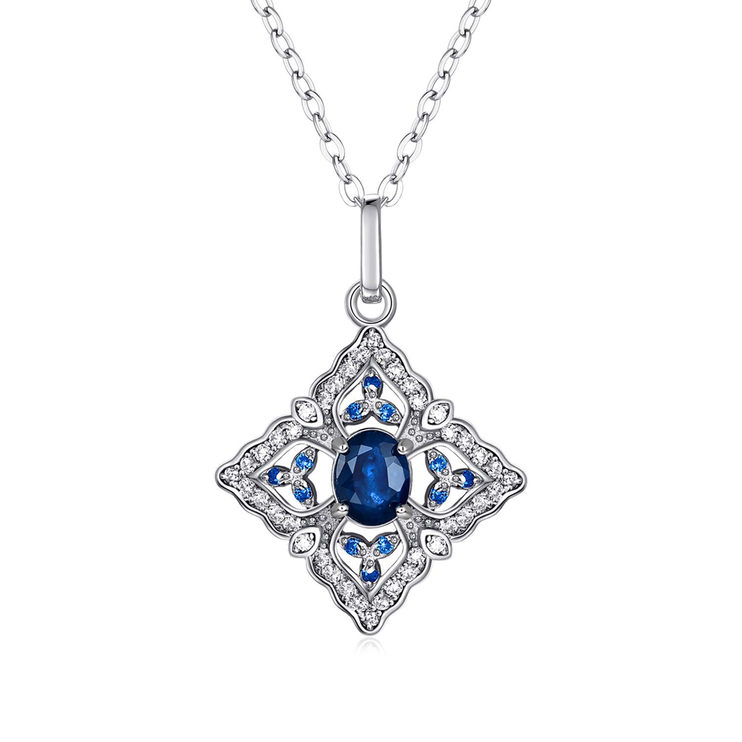S925 Silver Inlaid Natural Sapphire Necklace High Level Pendant Female Simple Retro Hollow Geometric Diamond Necklace - 4 - CJ