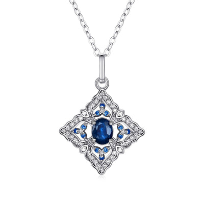 S925 Silver Inlaid Natural Sapphire Necklace High Level Pendant Female Simple Retro Hollow Geometric Diamond Necklace - 4 - CJ