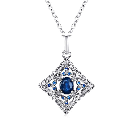 S925 Silver Inlaid Natural Sapphire Necklace High Level Pendant Female Simple Retro Hollow Geometric Diamond Necklace - 4 - CJ