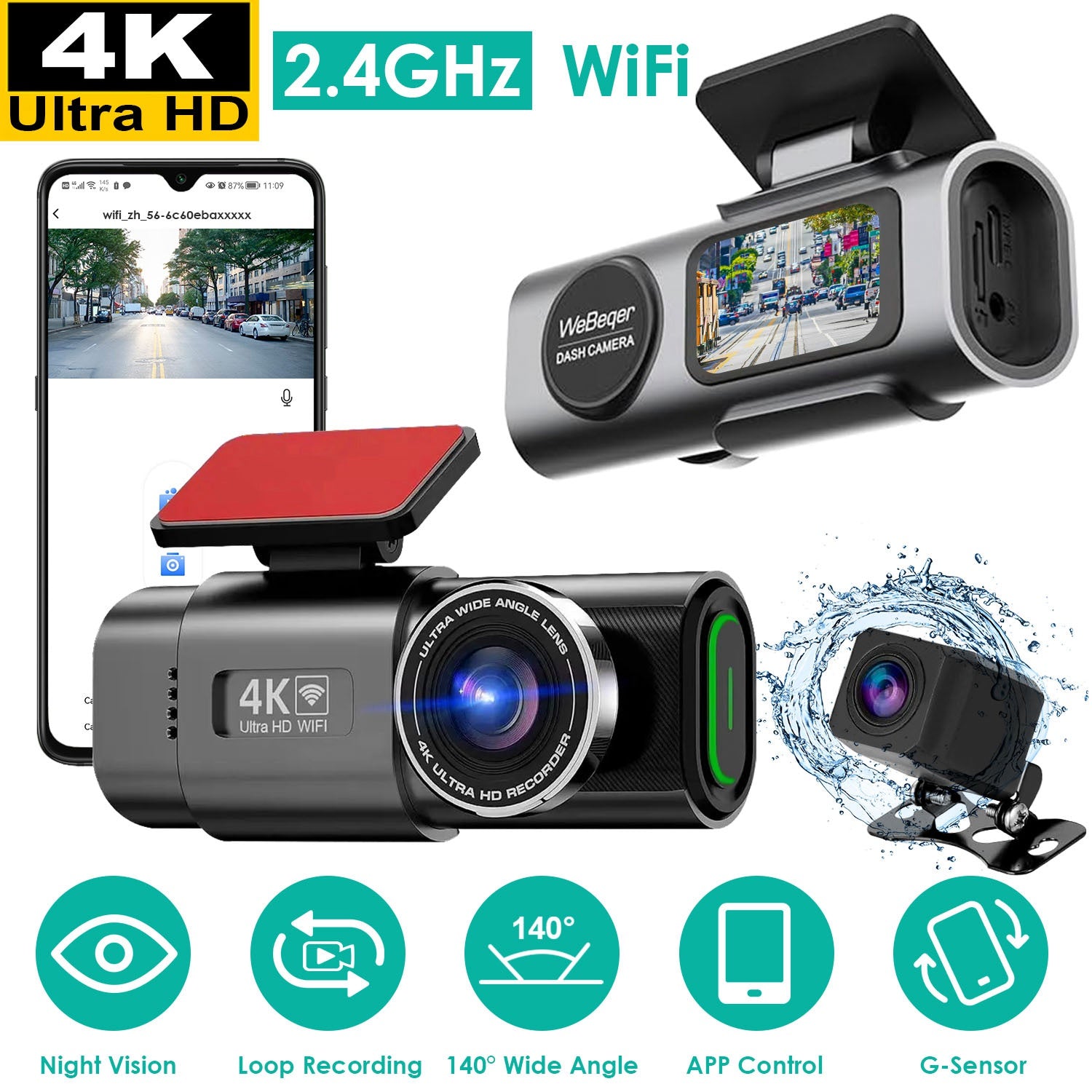 1Pc 4K 1080P Car Dash Cam 2.4GHz WiFi Car Camera Mini Driving Recorder With 140 Degree Wide Angle APP Control Night Vision G - sensor Loop Recording - 5.0 - cjdropshipping