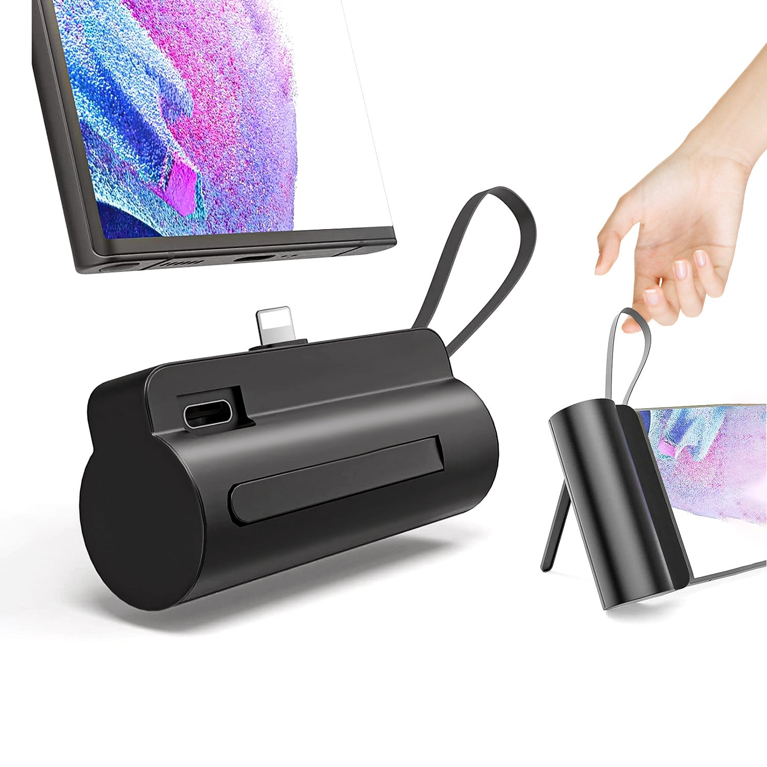 1Pc 5000mAh Portable Phone Charger Built-in Type-C IOS Cable Dual Output Power Bank Compact Size Compatible With IOS Phone