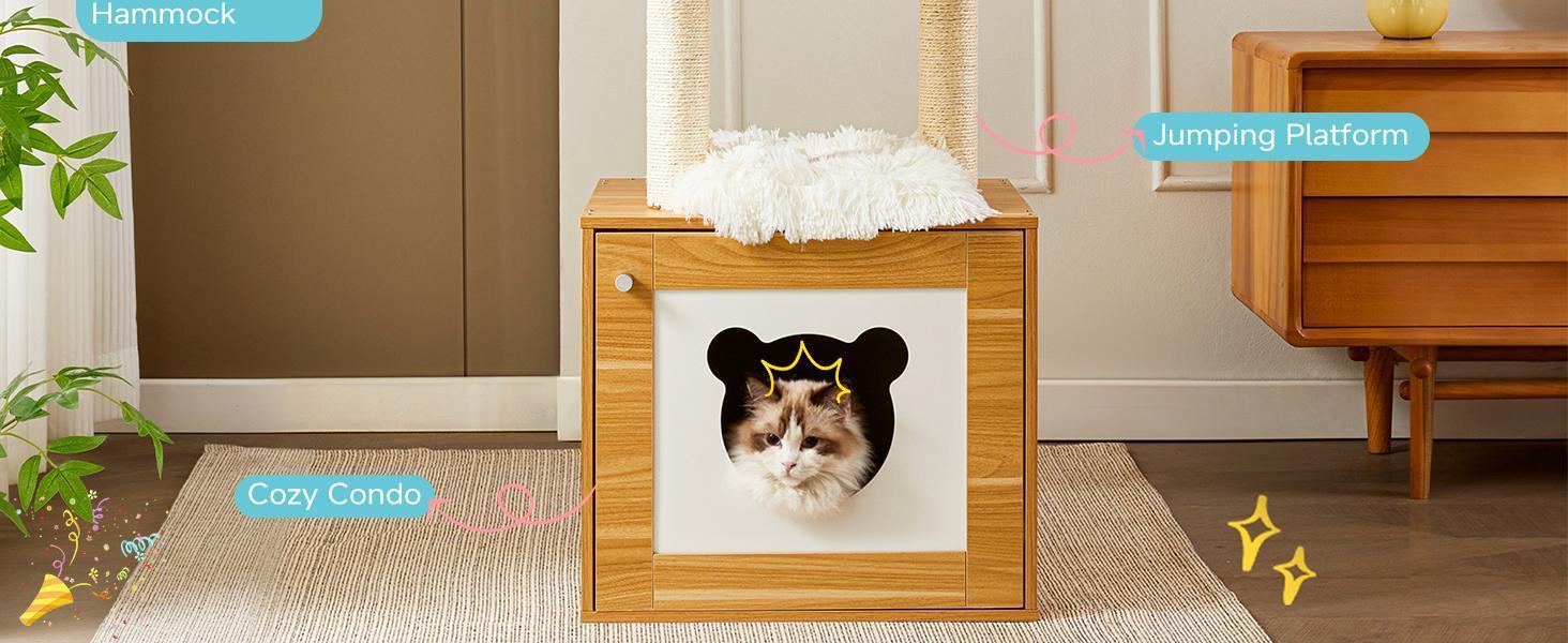 Solid Wood Cat Tree And Tower With Litter Box, Cat Scratching Board And Hammock For Indoor Large Cats - 5 - CJ