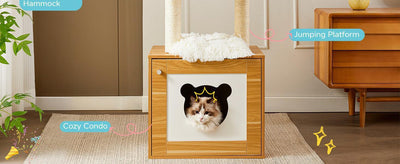 Solid Wood Cat Tree And Tower With Litter Box, Cat Scratching Board And Hammock For Indoor Large Cats - 5 - CJ
