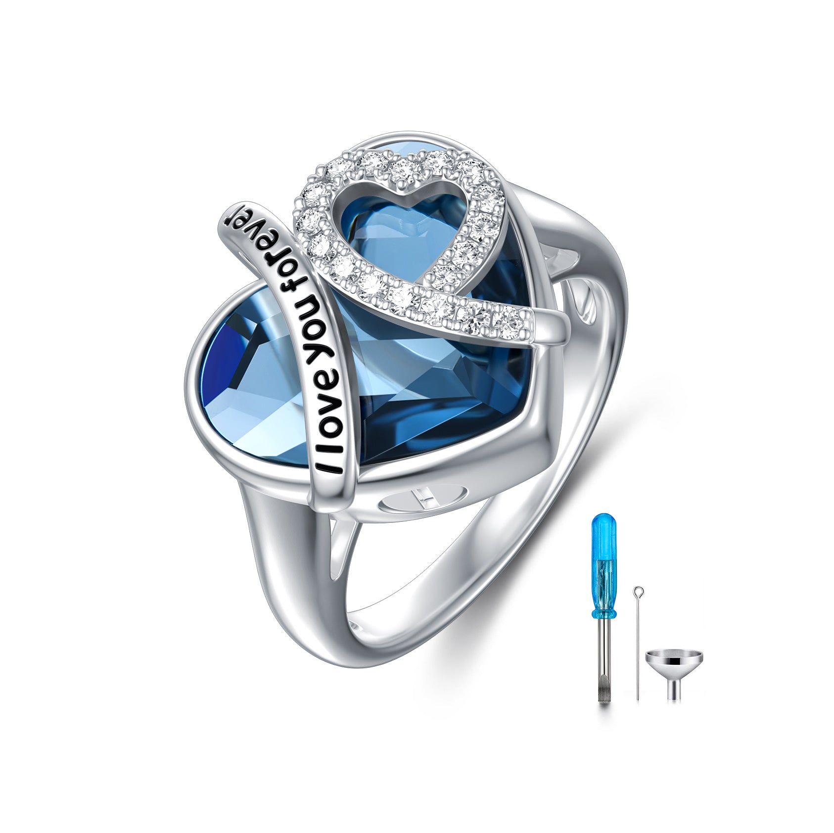 Heart Cremation Urn Ring with Crystal from Austria in White Gold Plated Sterling Silver - 5 - cjdropshipping