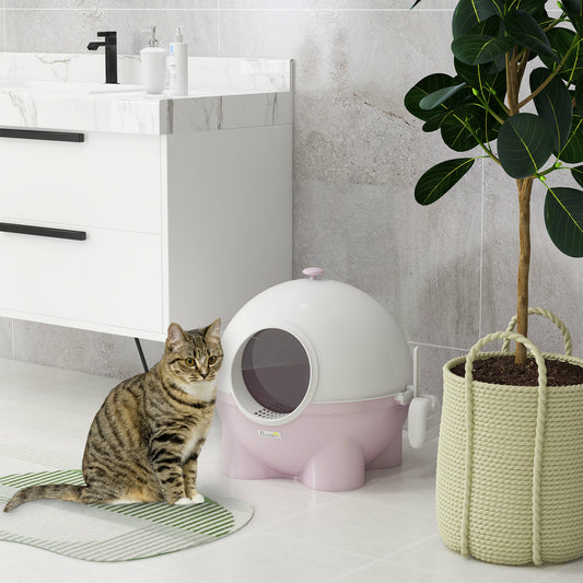 Hooded Cat Litter Box, Large Kitty Litter Pan with Lid, Scoop, Leaking Sand Pedal, Top Handle, Light Pink - 5 - CJ