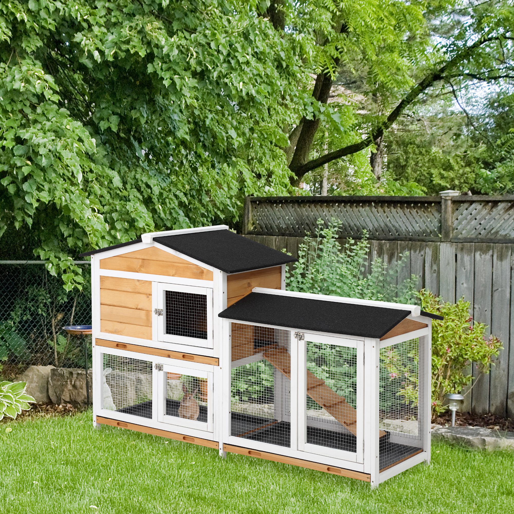 2 Storey Rabbit Hut Wooden Bunny Hut Small Animal House With Ramp - 5 - CJ