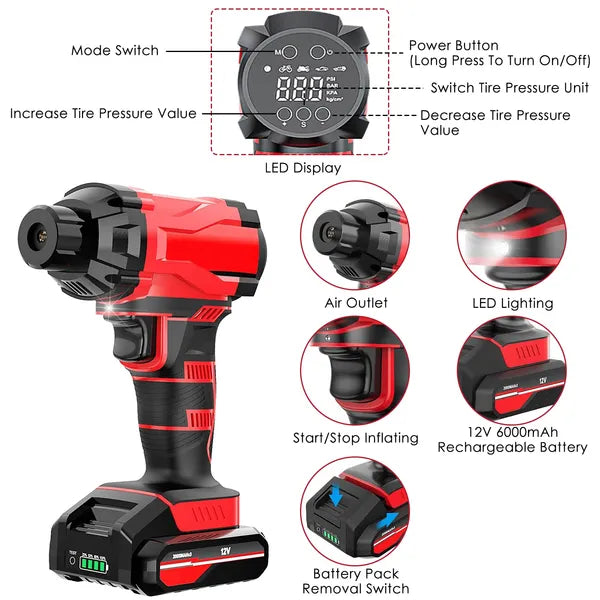 150PSI Cordless Car Tire Pump 6000mAh Rechargeable Tire Inflator 12V Portable Electric Air Compressor With LED Light For Car Bike Motorcycle Ball - 5 - CJ
