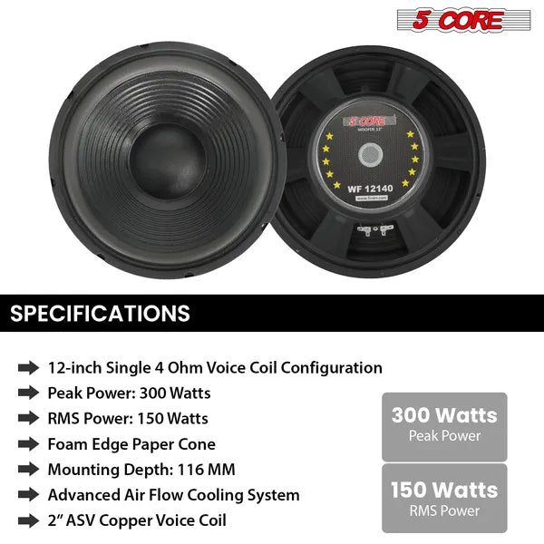 5 Core 12 Inch Car Woofer Audio 300W 4Ohm Deep Bass Replacement Sub Woofer Component Loud Speaker - 5 - CJ