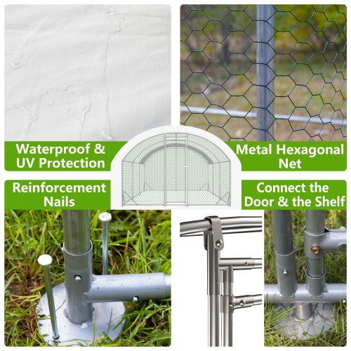 Large Chicken Coop Metal Chicken Run With Waterproof And Anti - UV Cover, Dome Shaped Walk - in Fence Cage Hen House For Outdoor And Yard Farm Use, 1 Tube Diameter, 9.84 X 19.68 X 6.56 - 5 - CJ