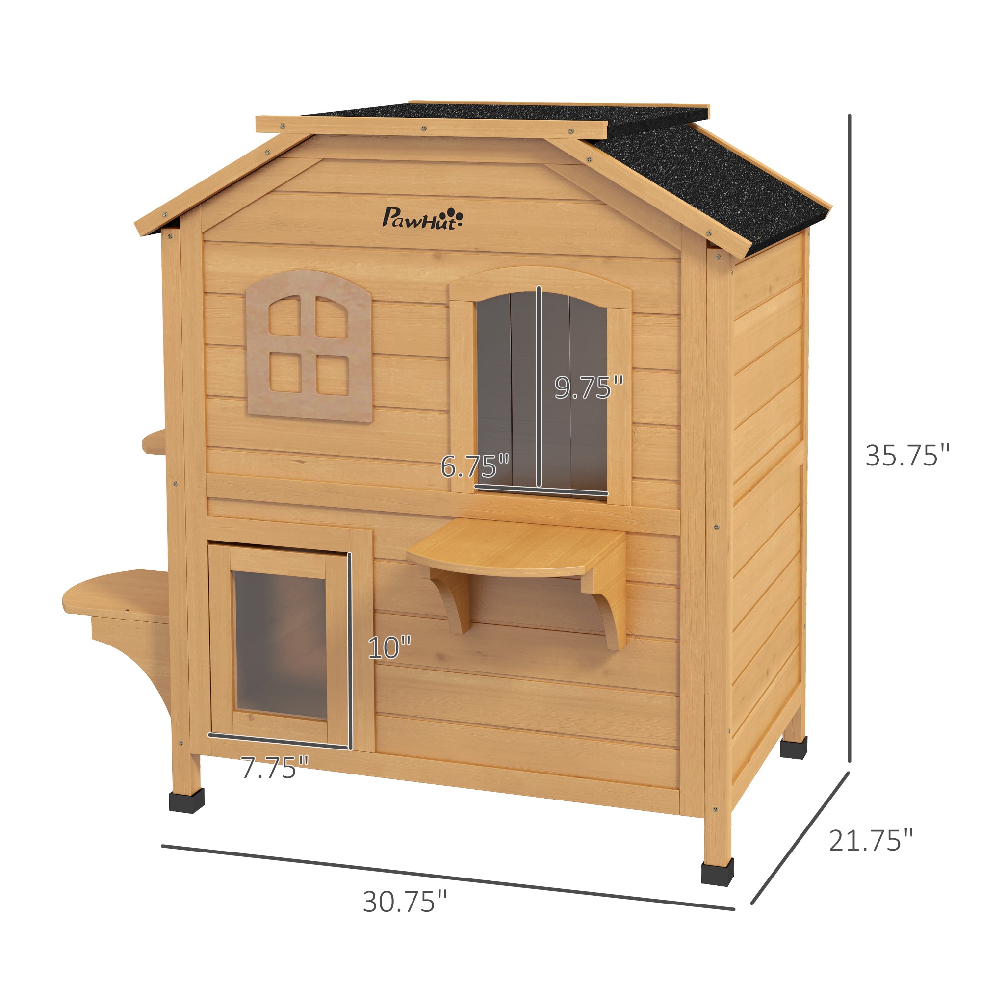 2 - Story Wooden Outdoor Cat House Feral Shelter With Escape Door Asphalt Roof 4 Platforms Natural - 5 - CJ