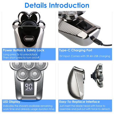 1Pc Head Shavers For Bald Men 5 In 1 7D Electric Rotary Razor Rechargeable Cordless Head Beard Trimmer Shaver Kit IPX6 Waterproof Dry Wet Grooming Kit With 3 Combs - 5 - CJ